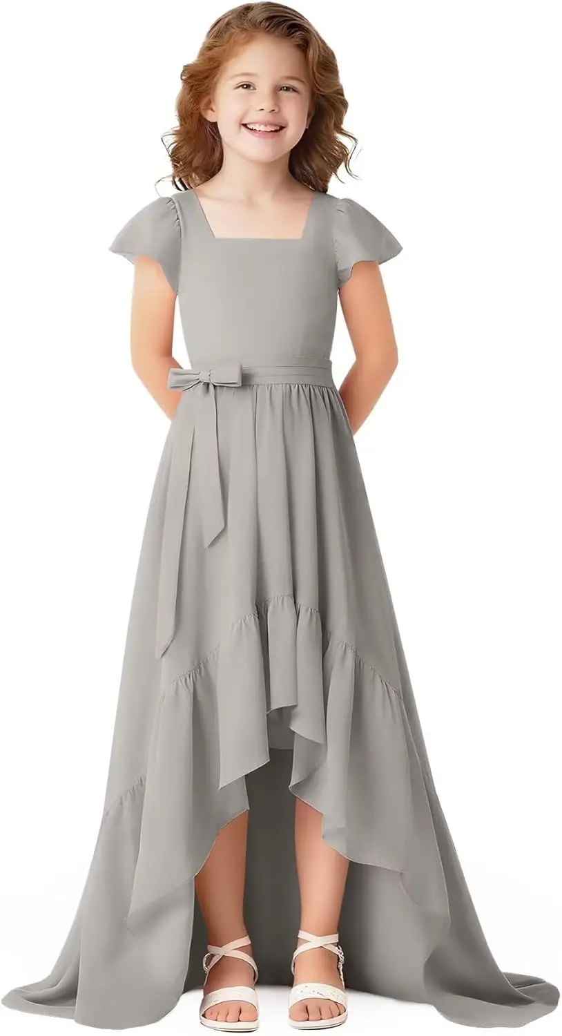 Платье подружки невесты трапециевидной формы с квадратным вырезом и коротким рукавом, шифоновое платье с цветочным узором для девочек, бальное платье подружки невесты для выпускного вечера, платье для девочек