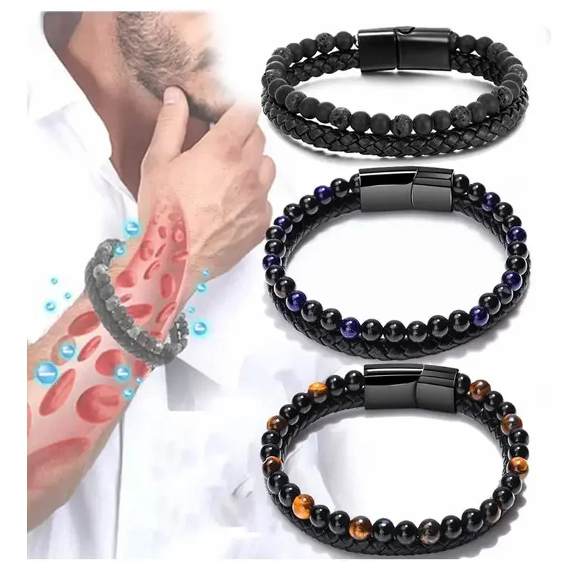 Mode Schwarz Leder Perlen Armband für Männer Charme Magnetische Geflochtene Punk Rock Mann Manschette Armbänder Männer Pulseira Masculina