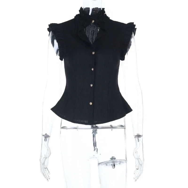 Goth Dark 90s Grunge Single Breasted Slim Wasit Shirt Blouses Women Alt Teachwear Mall Gothic Stringy Selvedge Sleeveless Shirts