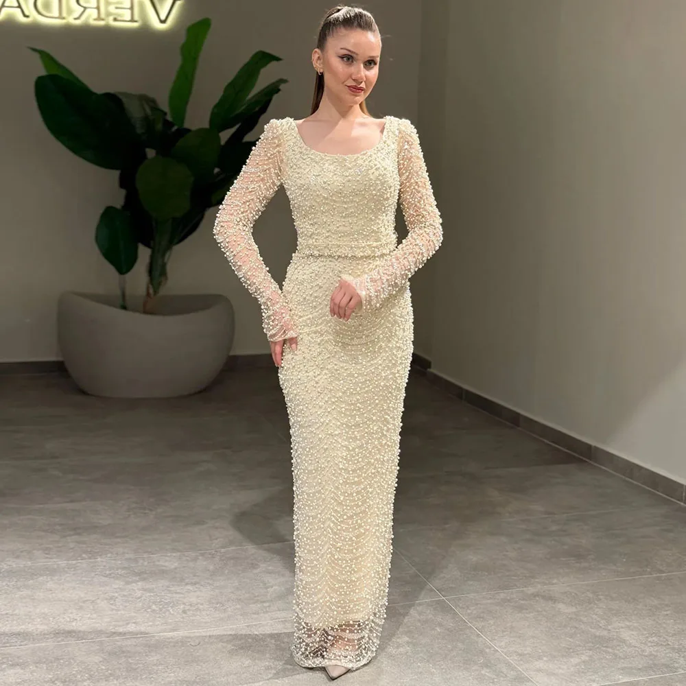 Maßgeschneidertes Abendkleid 2026 Luxuriöser Quadratischer Kragen Perlen-Verzierung Lange Ärmel Ballkleider Bodenlange Gerade Partykleider