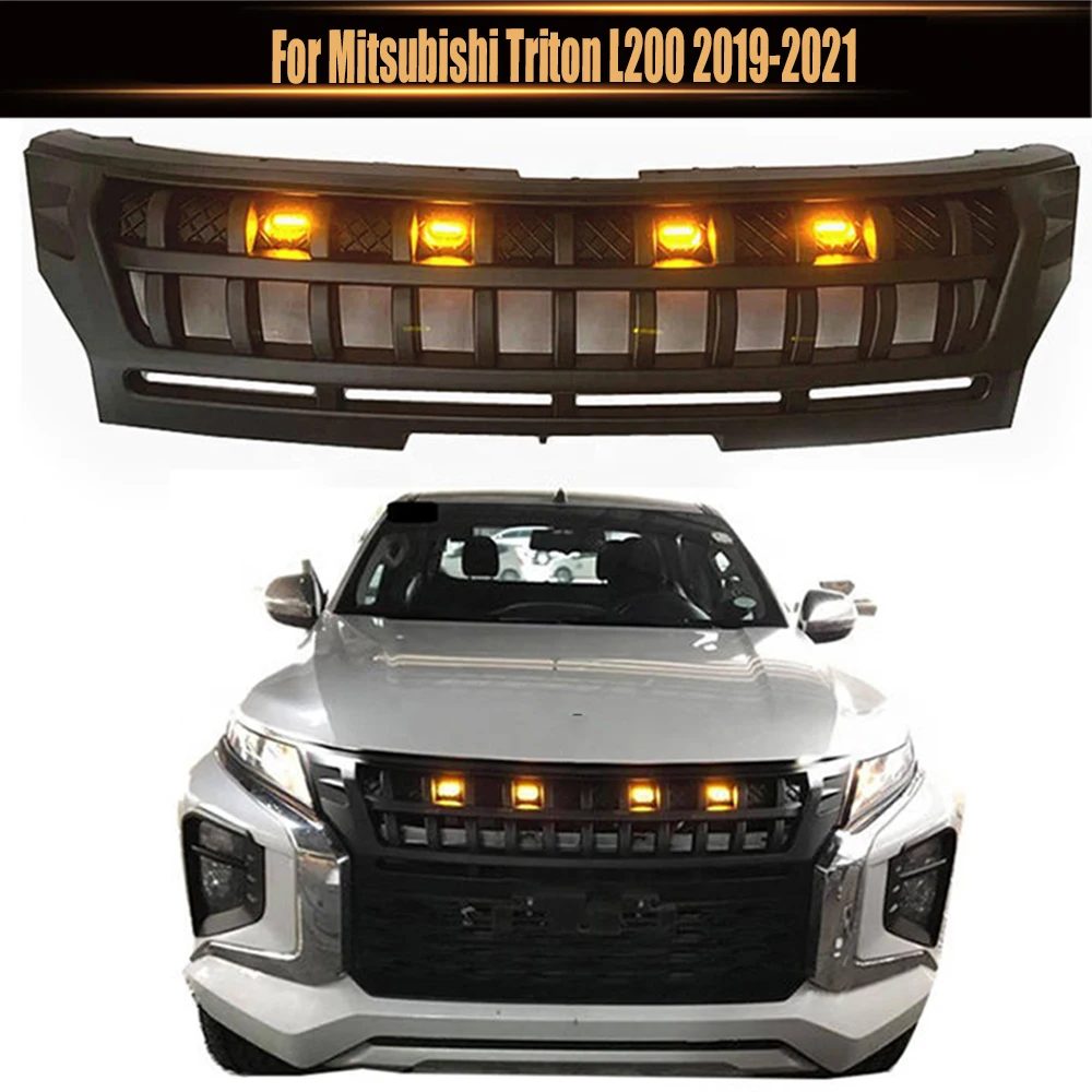 For Mitsubishi Triton L200 2019-2021 Front Racing Grilles Pickup Modified Front Face Decorative Mesh with LED Car Bumper Grill