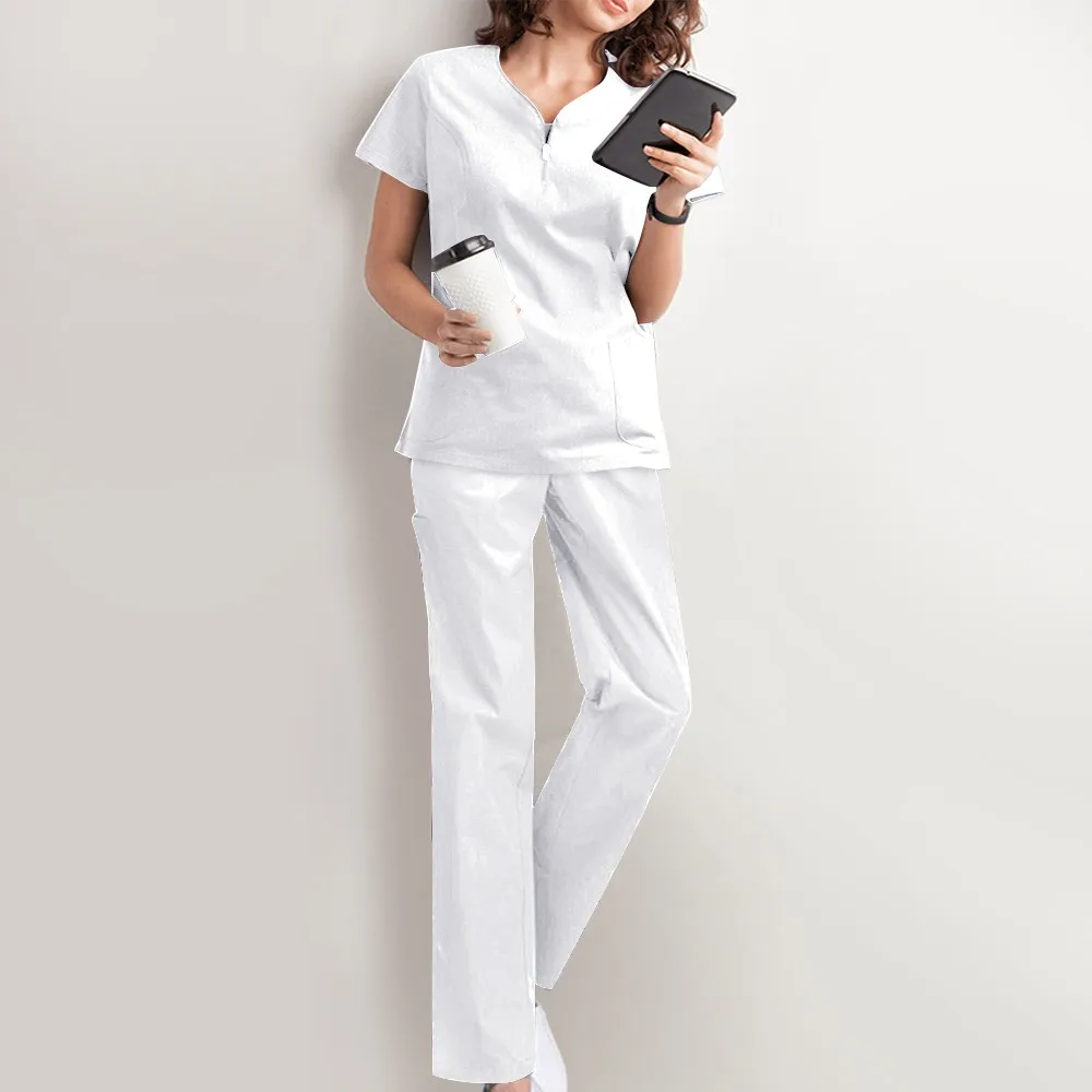 Women's Trousers Suit Casual Solid Short Sleeve With Long Pants Sets Nurse Pharmacy Working Uniforms For Medical 2024 Summer