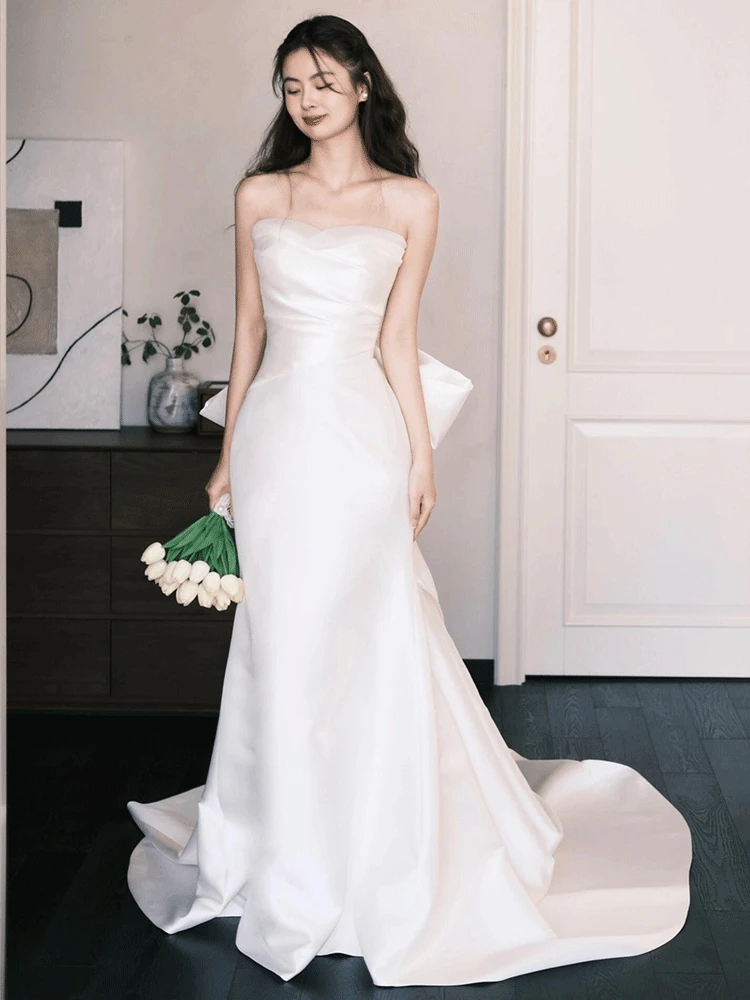 

Атласное свадебное платье с шлейфом, простое, элегантное, с длинной юбкой в пол, без бретелек, для гостей