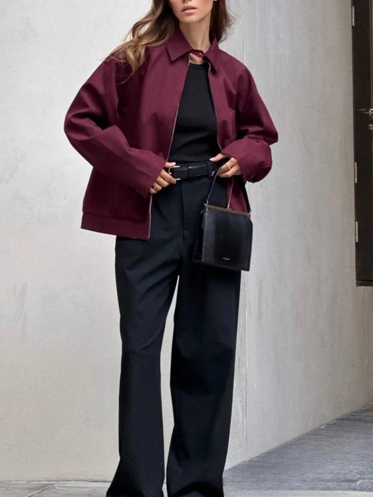 

KONDALA Vintage Casual Chic Bordeaux Red Women Suit Turn-down Collar Zipper Jacket Drawst Mini Skirt Fashion 2025 Spring Suit