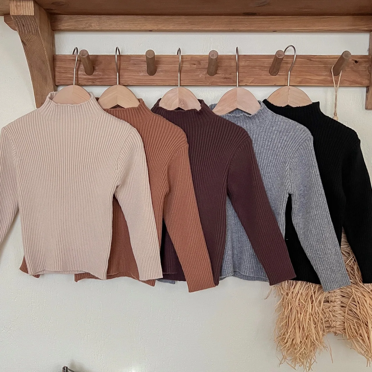 

2024 Winter Kids Solid Color High Neck Sweater Warm Cotton Knit Underwear for Boys & Girls Casual Long Sleeve Tops
