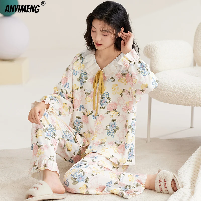 Women Pajama Autumn Winter New Princess Style Pijamas Lapel Soft Cotton Nightwear Long Sleeves Sleepwear Woman Sleepwear