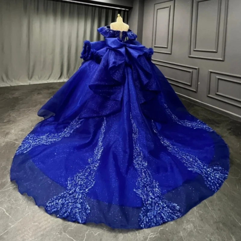 فساتين Quinceanera باللون الأزرق الملكي اللامع ثوب حفلة قبالة الكتف مزين بالخرز تول حفلة عيد ميلاد حلو 16 فستان Vestidos 15