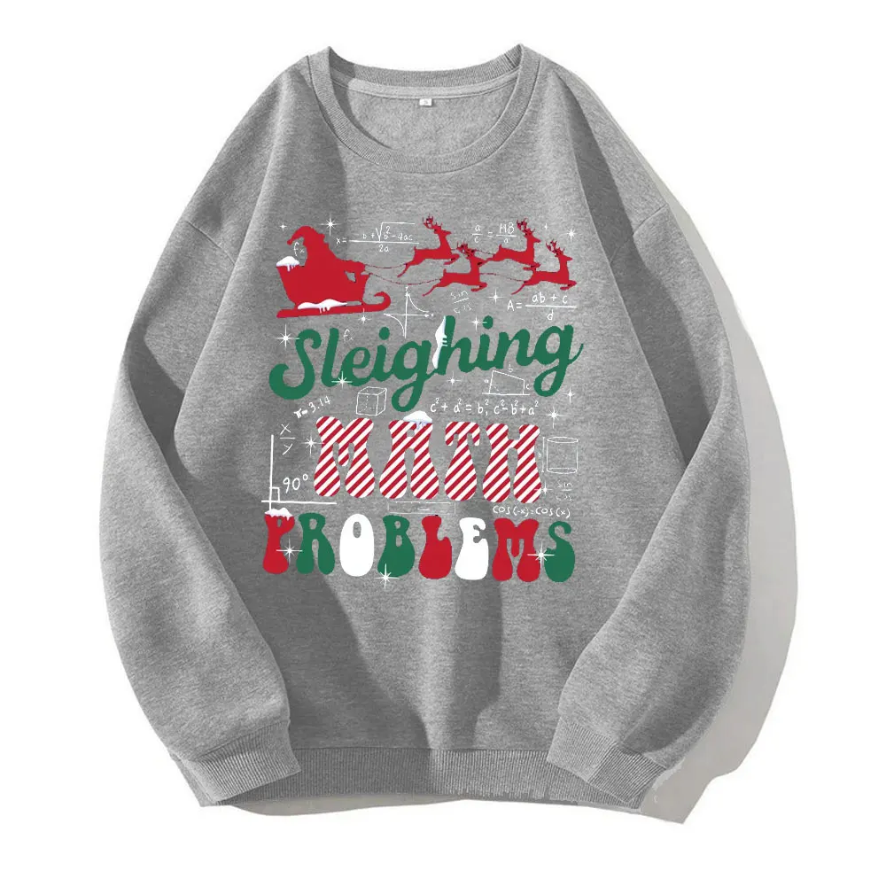 Men Women Math Teacher Christmas Shirt Sleighing Math Problems Tee Funny Kawaii Clothes Sweatshirts Long Sleeve Hoody Winter