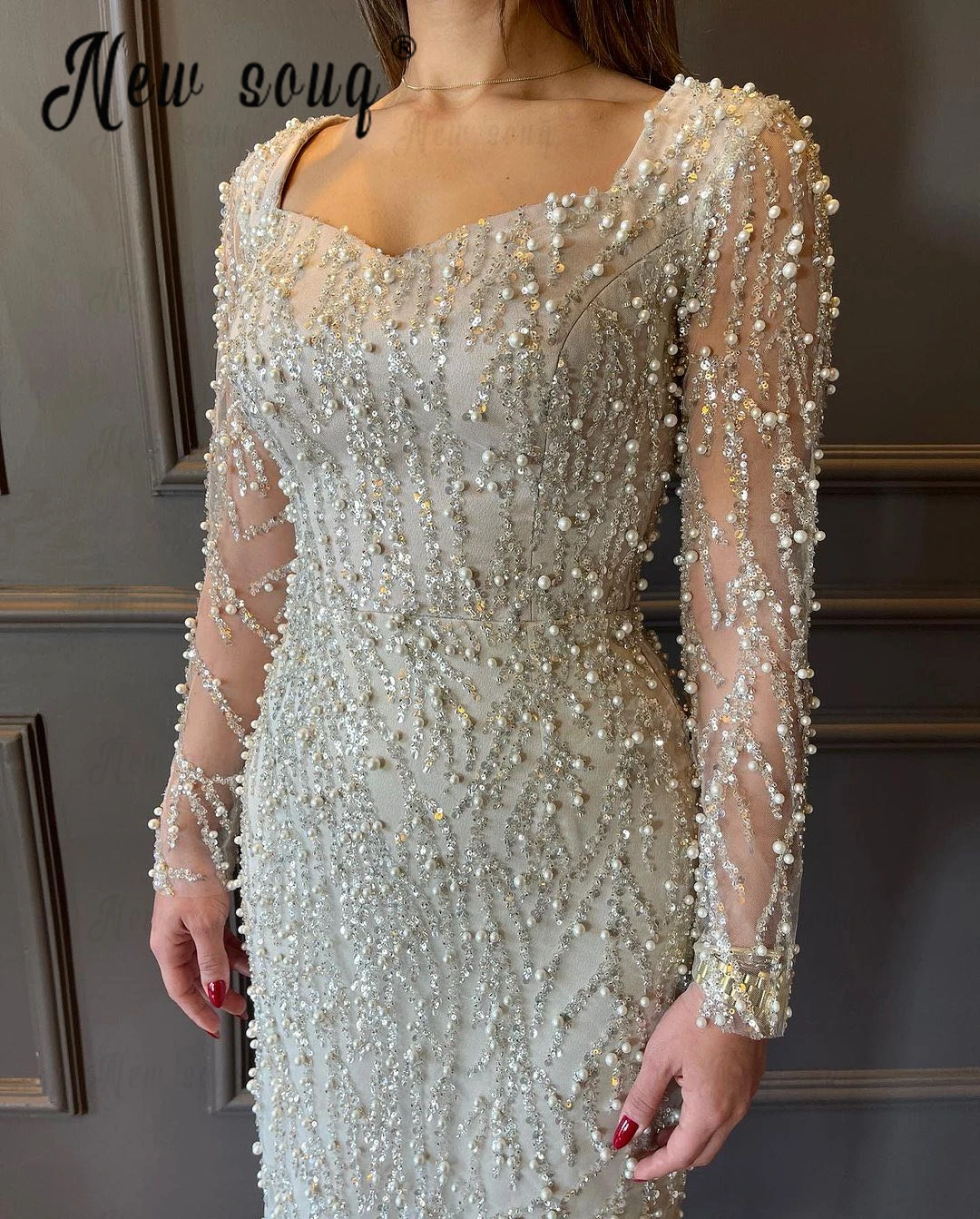 Full Ivory Pearls Tea-length Party Dress Vintage Square Neck Long Sleeve Women Wedding Event Prom Gowns Midi Cocktail Dresses