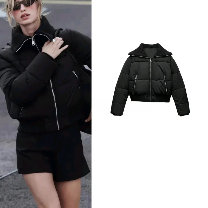 

Warm Cotton Jaet Women's ort Sve Long Sve Winter New Sle American Ribbing Decoration Coat Warm Commute Sle Zipp...