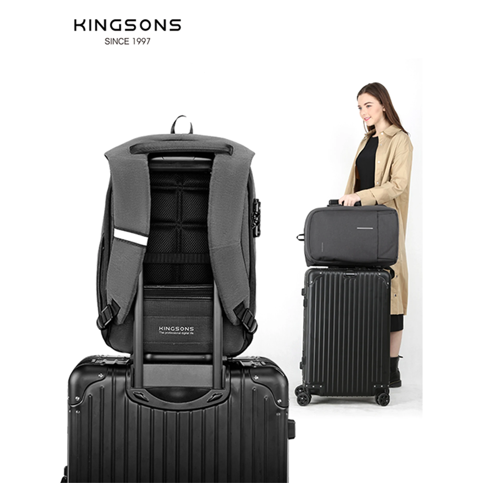 Kingsons-mochila para ordenador portátil de 15 y 17 pulgadas para hombre, bolsa de carga USB multifunción a la moda, antirrobo y repelente al agua