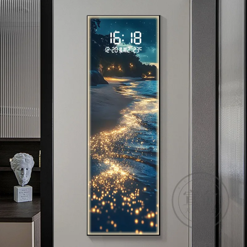 Starry Sky and Ocean Entrance Decorative Painting, Wall Clock, Seashell, Living Room Dining Room Wall Calendar Electronic Clock,