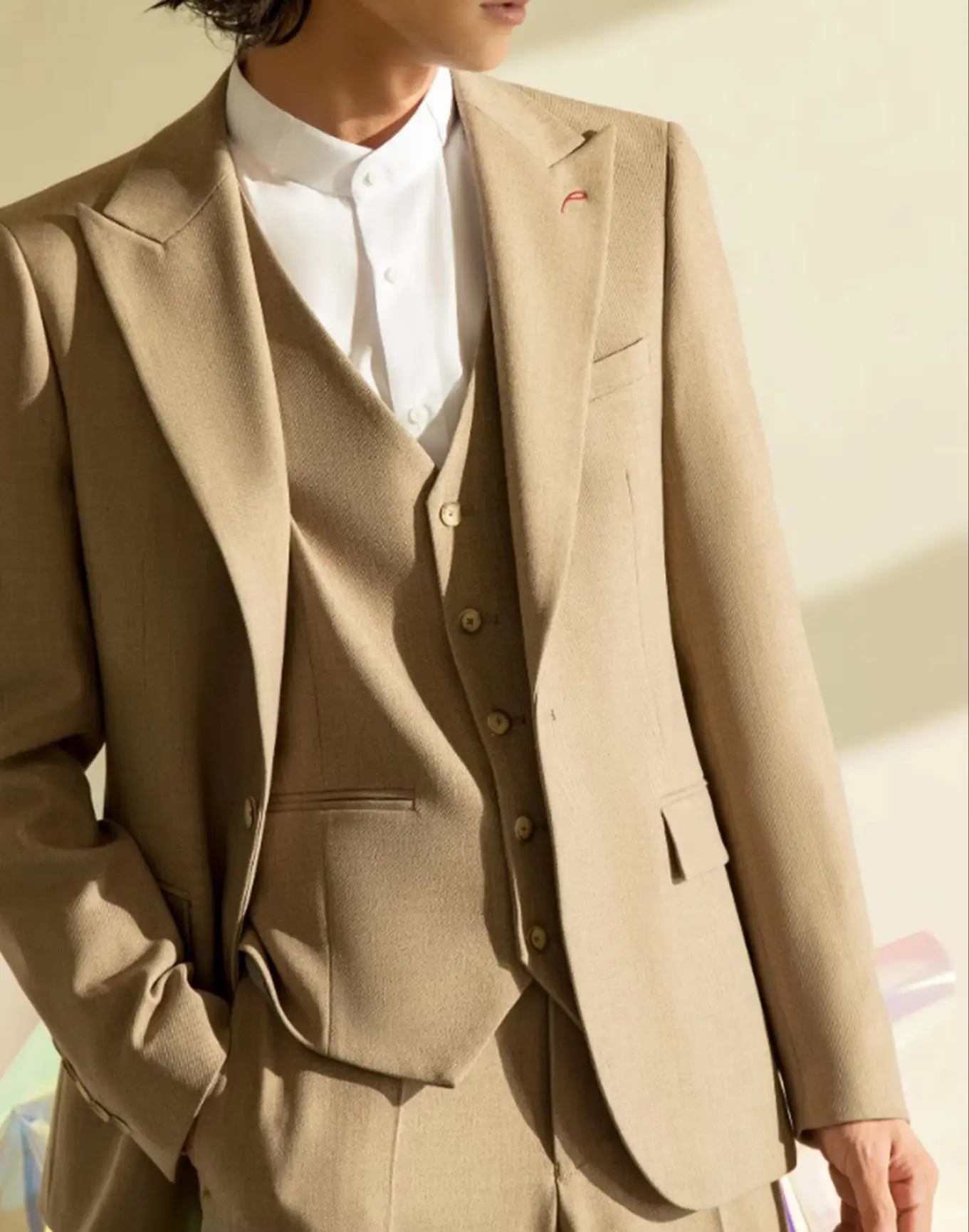 3 Piece Suit Khaki Textured Men Wide Peak Lapel Single Breasted Wedding Groom Outdoor Banquet Spring Summer Customized