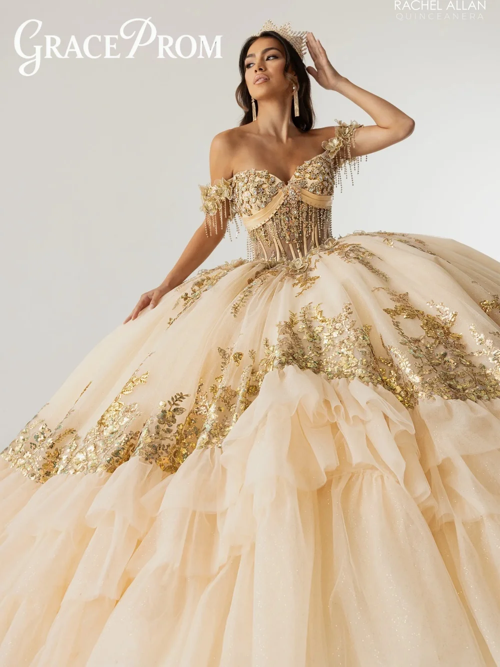 

Luxurious Champagne Quinceanera Dress Off Shoulder Beaded Sleeves Gold Sequin Layered Ruffled Sheer For Sweet 16 Celebration