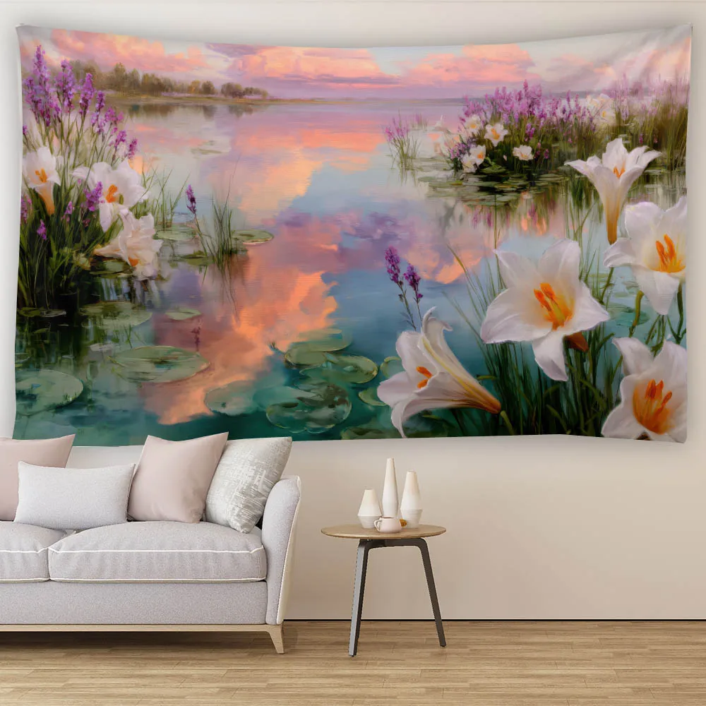 3D Printing Lily Lotus Leaf Lake Landscape Tapestry Retro Flower Oil Painting Wall Hanging Cloth for Living Room Decor