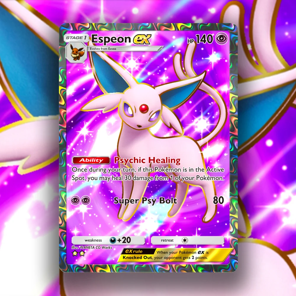 

Коллекционные игровые карты Espeon TCG PKM: карточки с индивидуальным дизайном, гравированным текстом, аниме-тематикой, высочайшего качества, с голографической фольгой