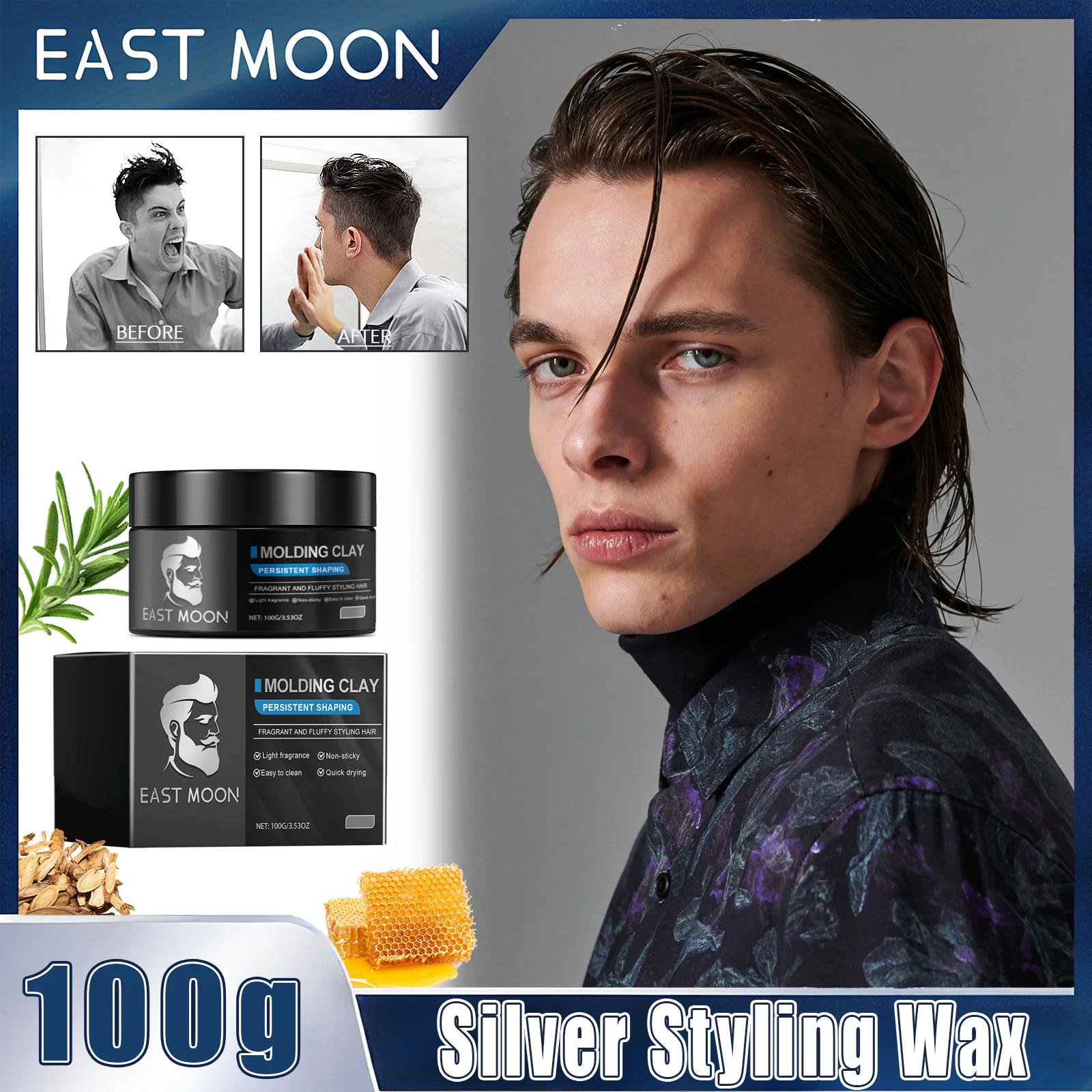 

Men's Silver Hair Wax Silver-Toned Shine Long-Lasting Freshness And Volume Tames Flyaways Repairs Frizz Hair Styling Wax