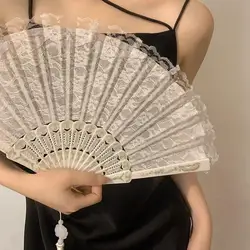 Ventaglio a mano da donna elegante ventaglio pieghevole in pizzo Vintage con nappa per feste estive spettacoli di danza Lolita tenuto in mano nero per lei