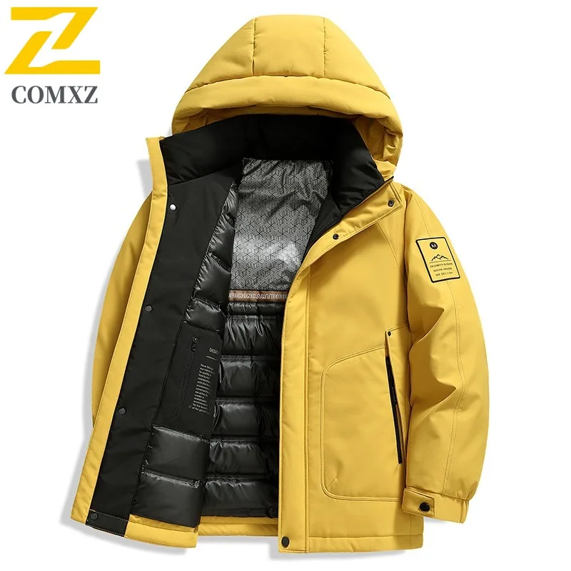 COMXZ Men Down Jacket 2025 New Outdoor Mountaineering Warm Windproof Coat Fashion Hooded Camping Cold Protection Winter Garment