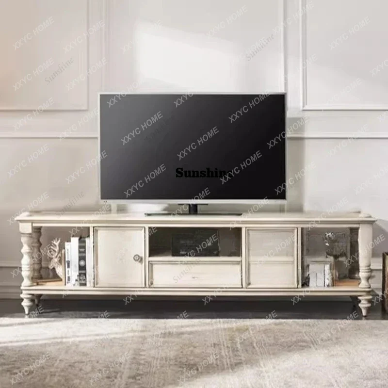 

retro white solid wood TV, simple storage living room floor cabinet