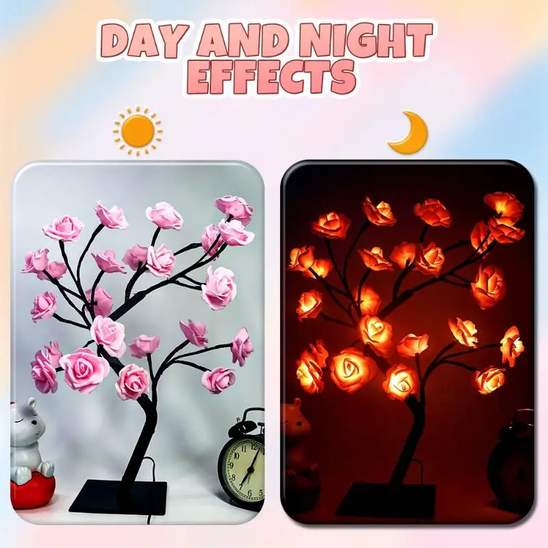 1set LED White Rose Flower Tree Lamp, Night Light USB Rechargeable , For Bedroom Home Party Decoration,  Holiday Gift Light