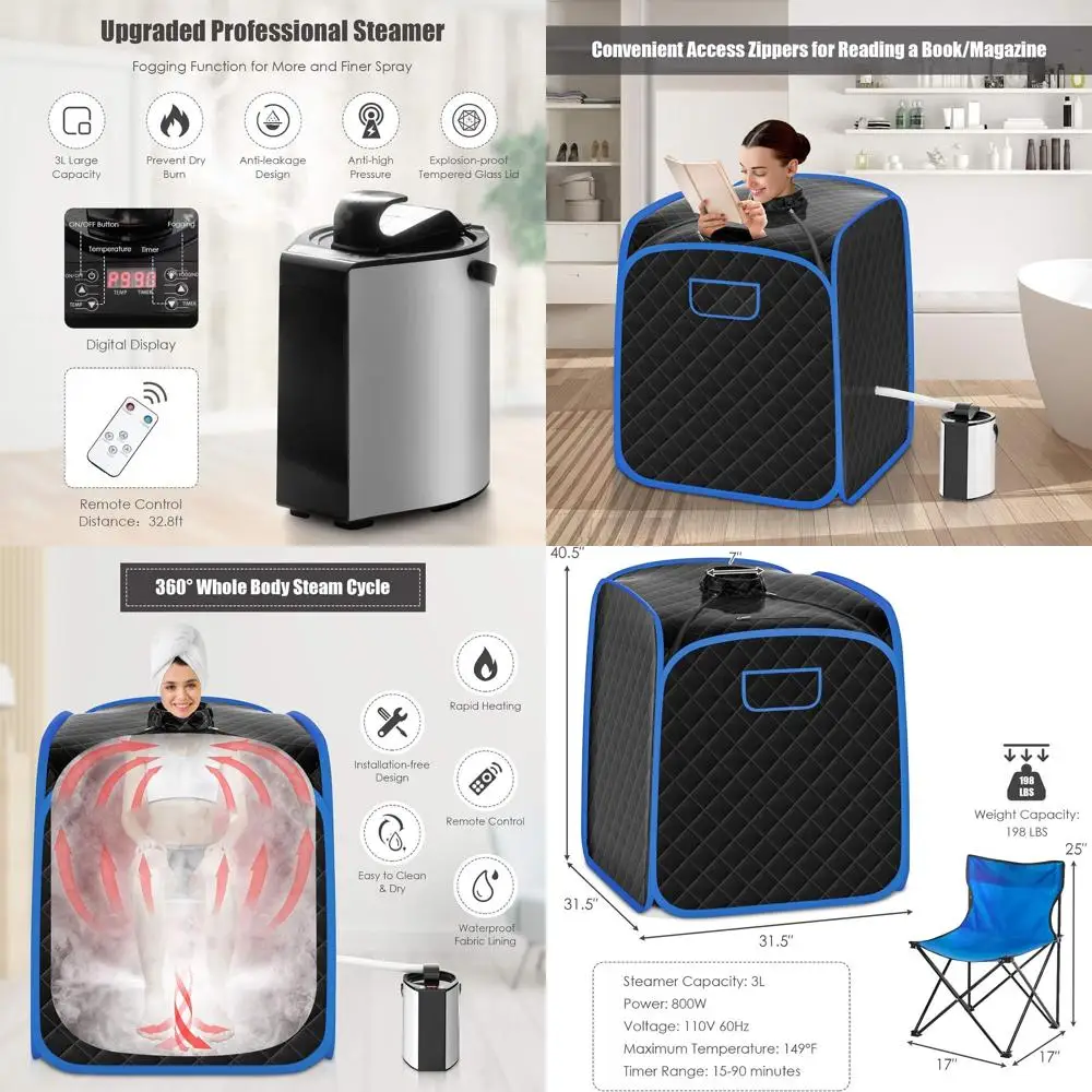 

Портативная паровая сауна-спа на 3 л с пультом ДУ, 9 режимами температуры и таймером, функцией распыления, идеально подходит для домашнего отдыха (черная)