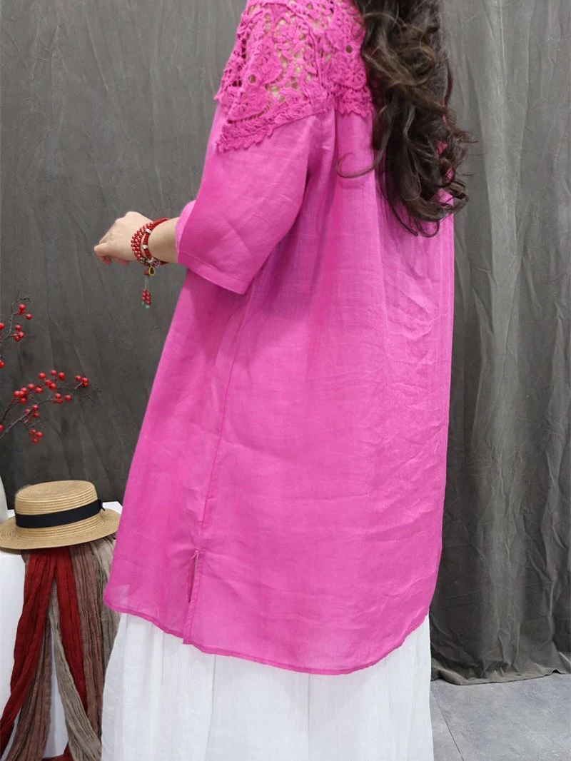 

Retro Chinese Sle Hollow out Splicing Loose Casual Color irt Faionable Mid-Length Women's Top for Summer 2025
