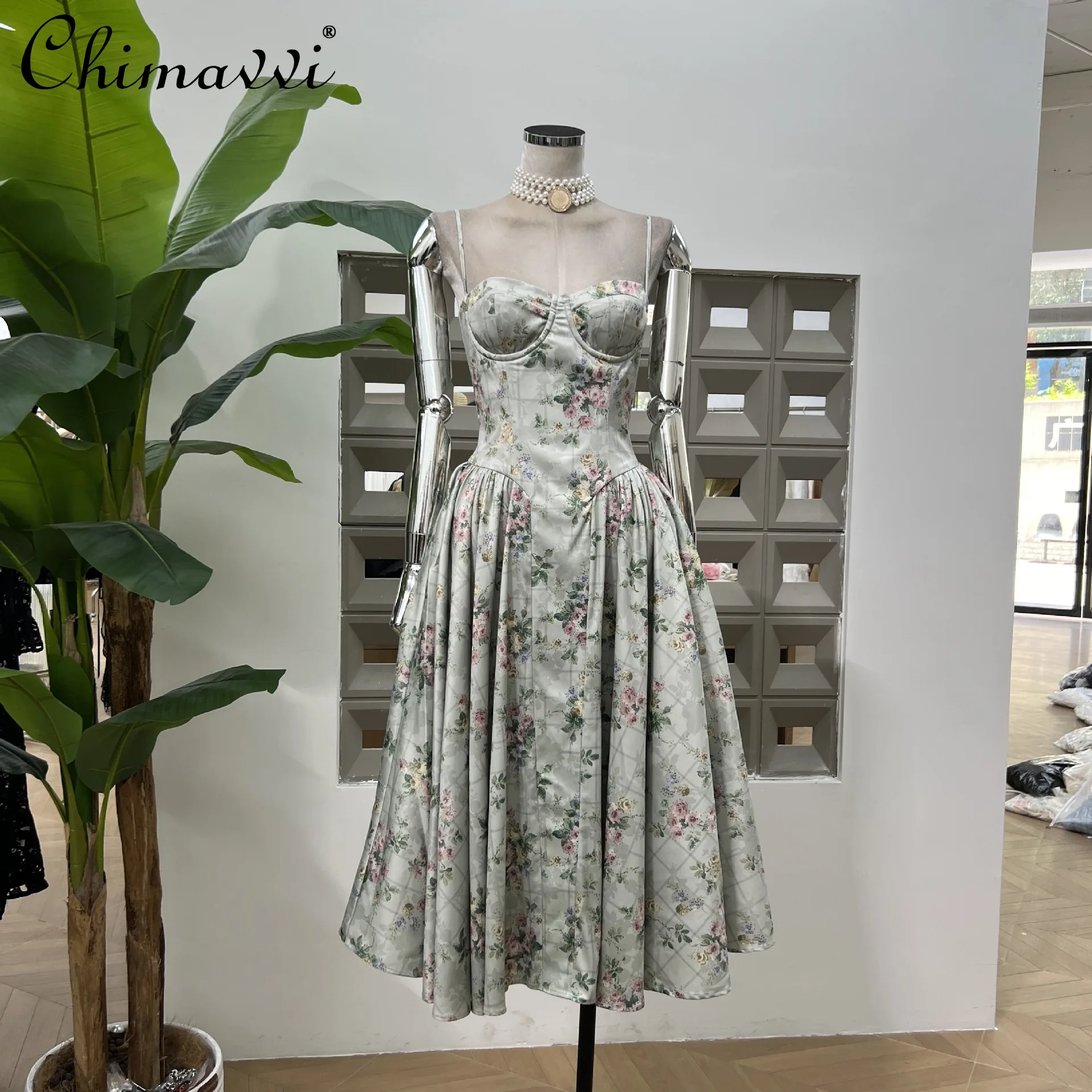 

French Elegant Temperament Printed Strap Vacation Dresses Sleeveless Pleated High Waist Slim A-line Long Summer Dress for Women