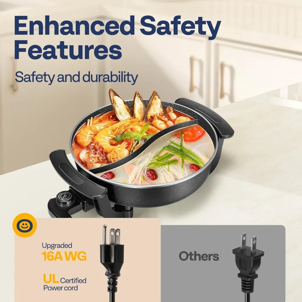 Electric Hot Pot 6L Non-Stick Shabu-shabu Hot Pot with Divider 110V BPA FREE Fondue with Tempered Glass Lid for 1-6 People Part