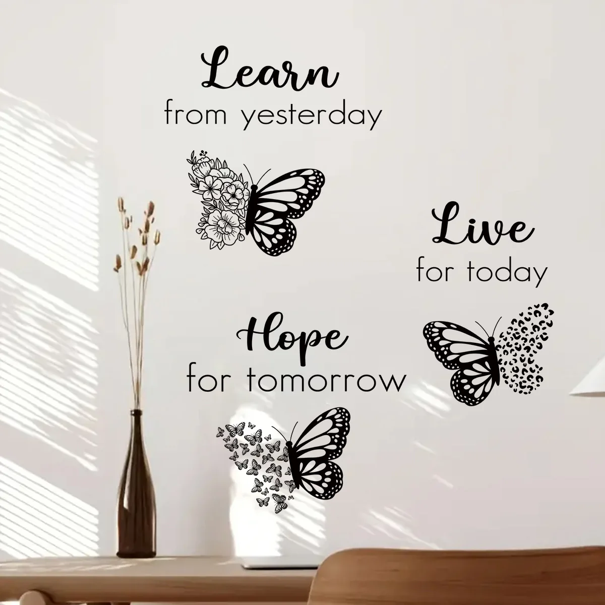 Modern Butterfly Silhouette English Quotes Phrase Wall Sticker Self-adhesive for Living Room Girls Bedroom Classroom Decoration