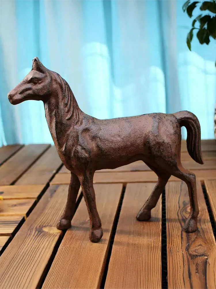 

European Vintage Rustic Cast Iron Horse Figurines Home Garden Tabletop Decor Handmade Heavy Metal Animal Statues