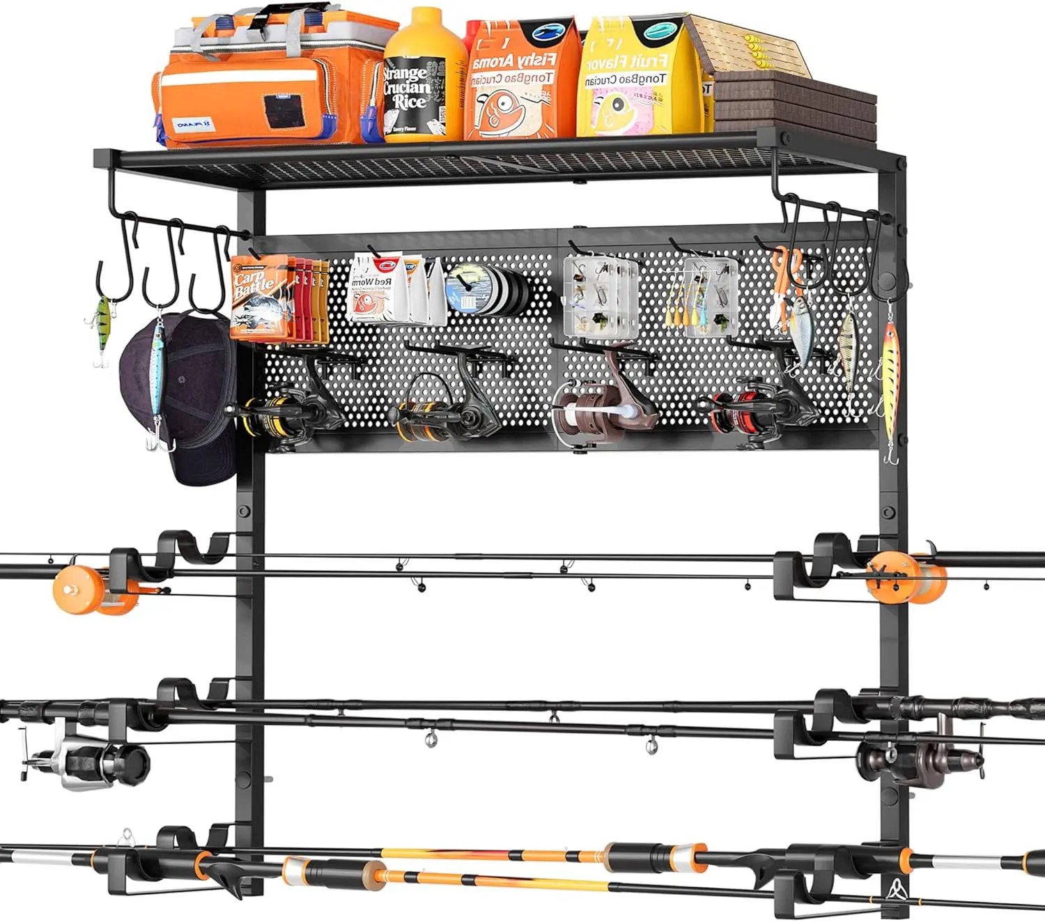 

Wall Mount Fishing Rod Holder, Holds 6 Rods with Pegboard & Hooks, Garage Organizer, Gift for Dad