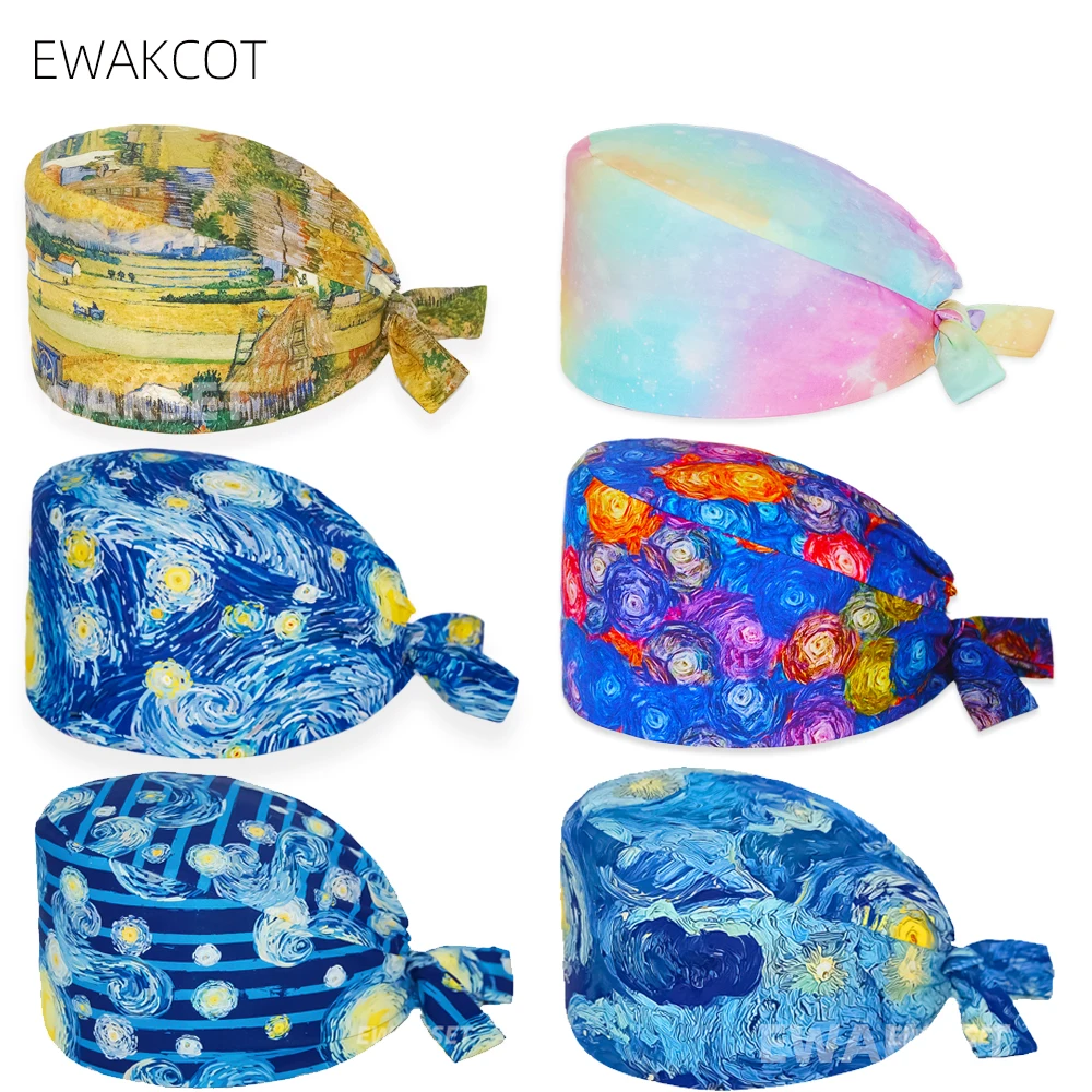 Van Gogh Surgical Cap With Sweatband Elastic Band for Nurse Doctor Cotton Hospital Medical Hats Dental Clinic Spa Beauty Hats