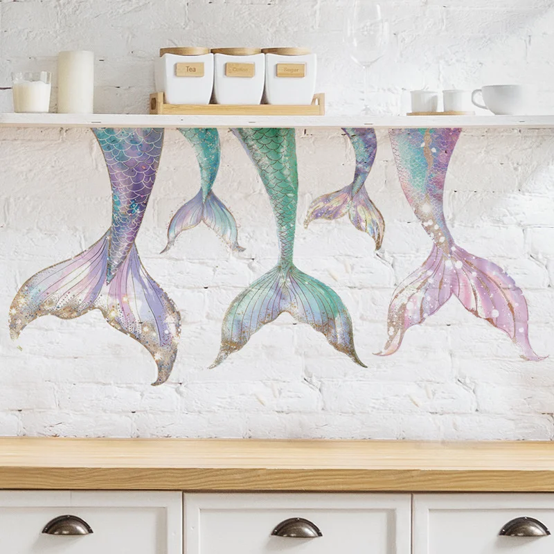 Glitter Watercolor Mermaid Tail Baseboard Wall Stickers, Iridescent Rainbow Fish Tail Kitchen Cabinet Decor