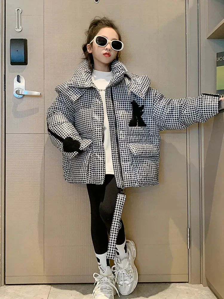 New Winter Plaid Jacket for Girls Hooded Down Cotton Coats Thicken Warm Children Coat Kids Teenage Parkas Outerwear CH16