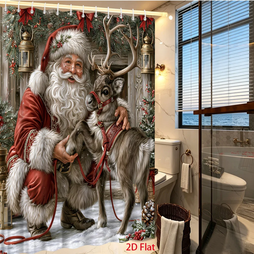 2D Flat, 2D Flat, 1pc 2D Flat Christmas Shower Curtain Santa Claus with Reindeer Xmas Winter Pine Branch Berry Rustic Wooden Hou