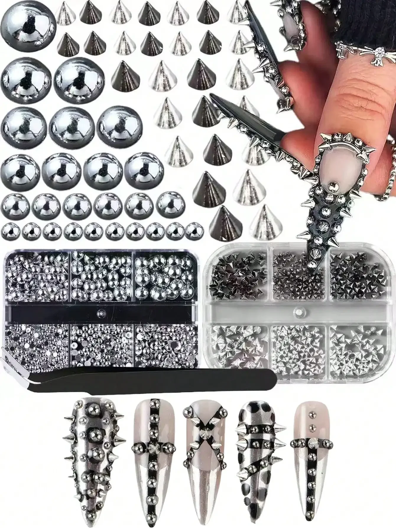 

2 Boxes Y2K Punk Metal Rivet Nail Art Decorations Cone Mixed Sizes Black Silver Gold Nail Studs 3D Fashion Alloy Spikes Decor Nail Supplies Nail Gems Nails