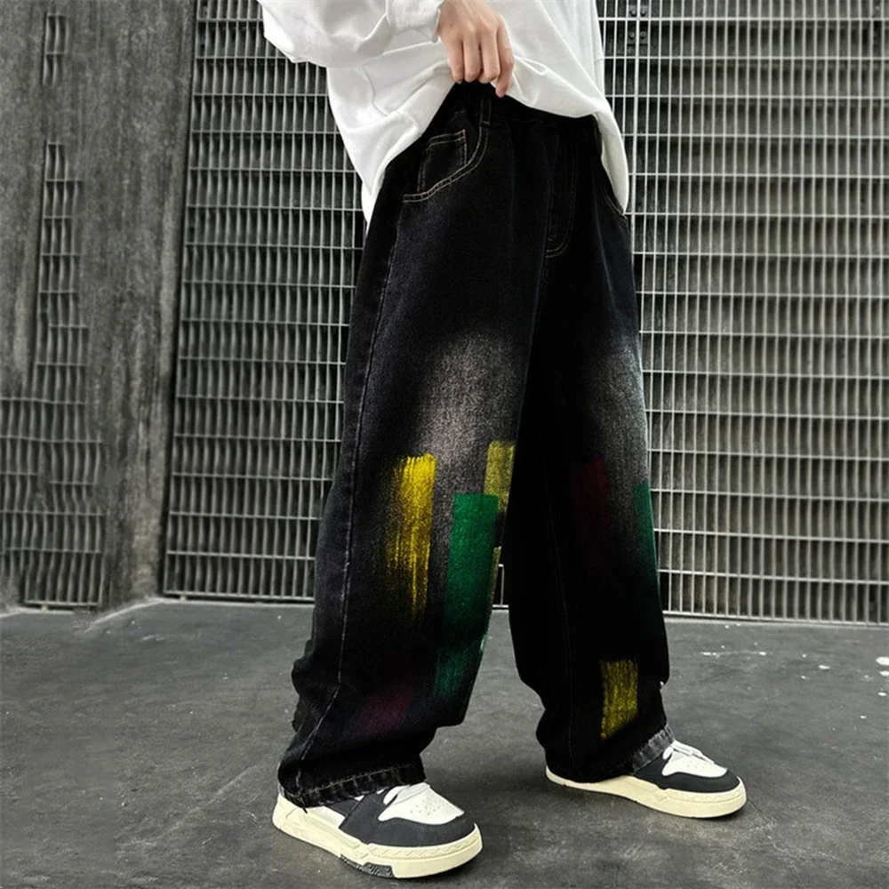 Boys Black Jeans Spring And Autumn Graffiti Paint Children's Straight Pants Loose Kids Trousers Teenagers Wide-leg Pants 5-15 Y