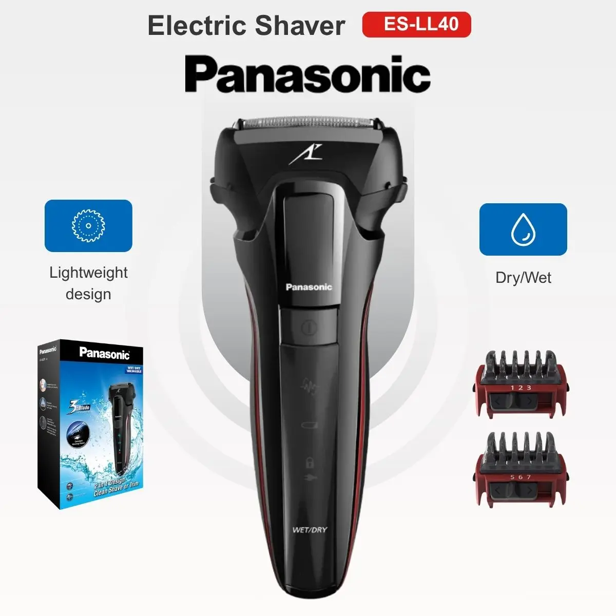 ماكينة حلاقة كهربائية باناسونيك ES-LL40 للرجال، ماكينة حلاقة رطبة وجافة 3 شفرات مع ماكينة تشذيب منبثقة