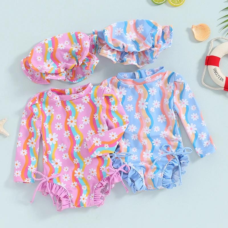 

Kids Girls Bikini Beach Swimwear Long Sleeve Mock Neck Floral Rainbow Print Romper Bathing Suit with Hat