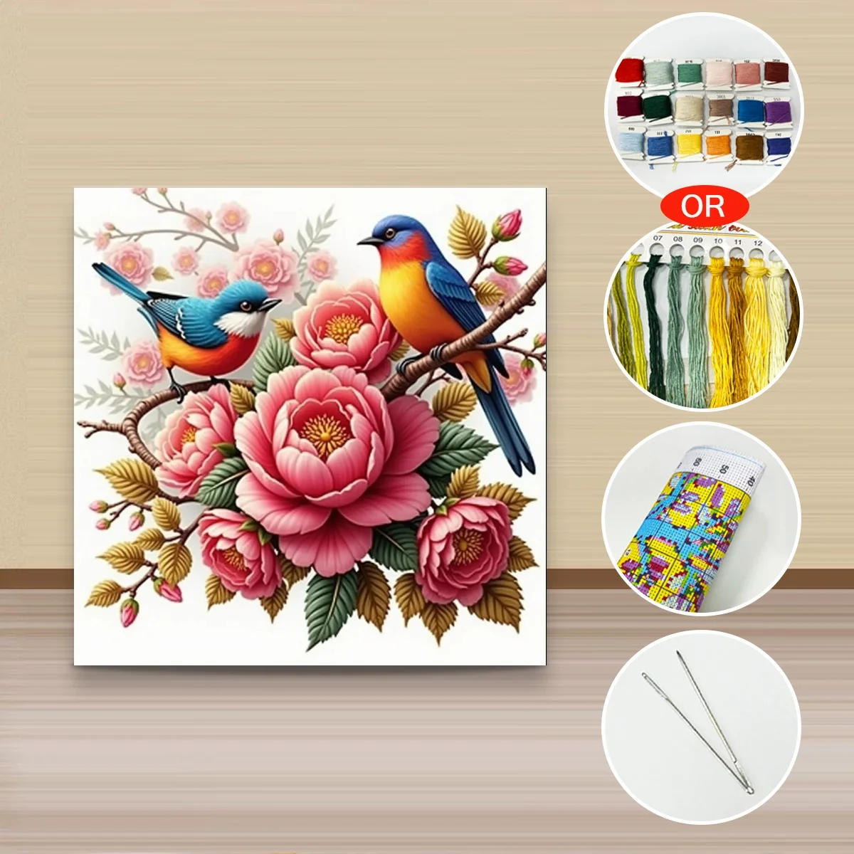 1 Stück 40x40 cm/15,74 Zoll, 11Ct/14Ct Kreuzstich-Set, DIY Valentinstagsgeschenk, Stickerei-Set für Festlichkeiten, Blaue Vögel auf Pfingstrosenzweig – Detail 3