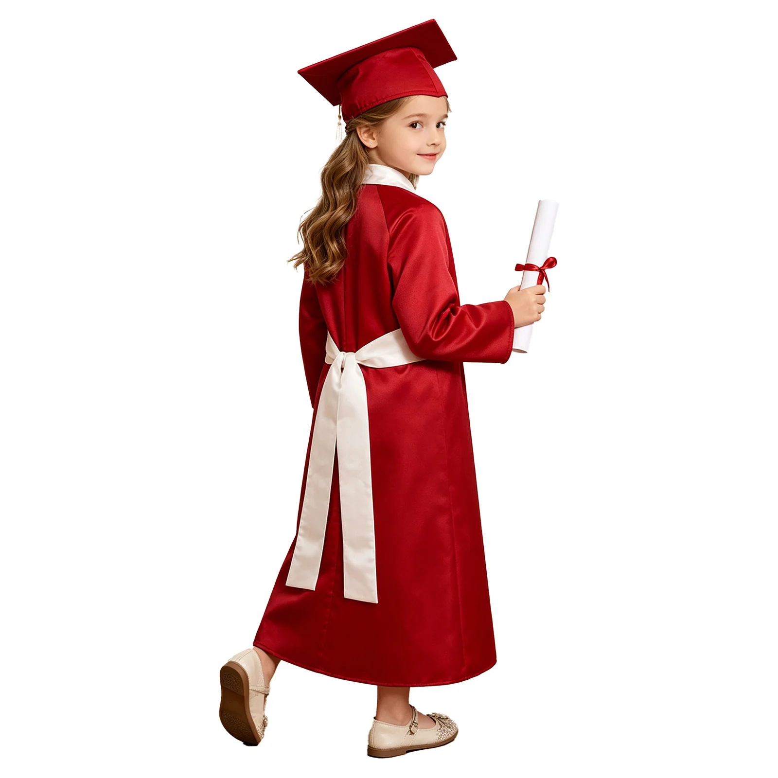 Kids Girls Boys Choir Robe Graduation Outfits Long Sleeve Lace Trim Bow Zipper Gown with Belt for Church Event Halloween Party