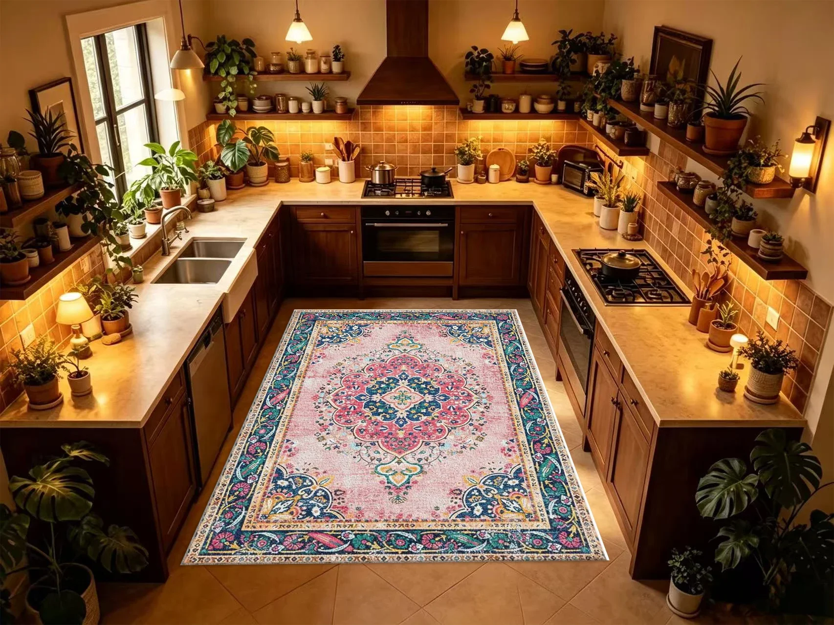 Pink Boho Distressed Square Area Rug Retro Oriental Medallion Printed Floor Carpet for Living Room Bedroom Home Decor