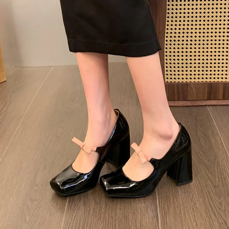 Women Square Toe Marie Janes High Heels Shoes Summer New Design Dress Shoes Fashion Brand Elegant Shoes Sliver Chunky Pumps