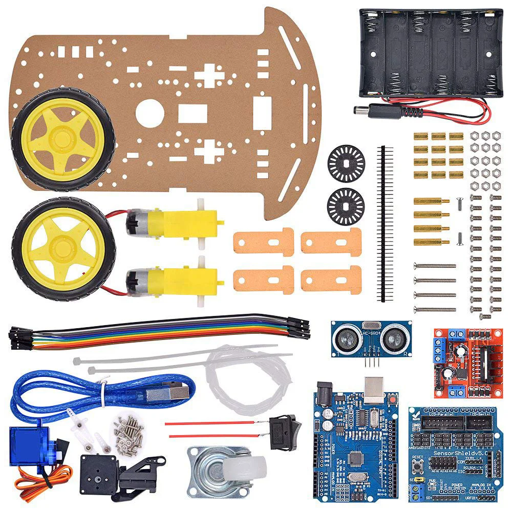 Modular Robot Car Chassis Kit for Arduino Featuring Obstacle Detection Line Following and Encoder-Driven Motion Control