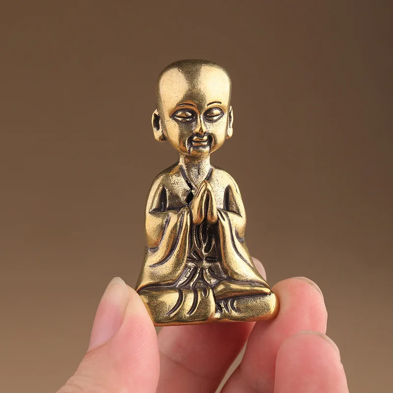 Brass Young Buddhist Monk Small Statue Vintage Characters Miniatures Figurines Desktop Decorations Crafts Home Decors Ornaments