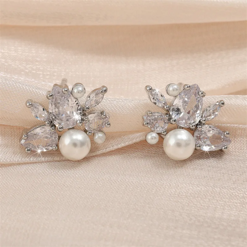 ZAKOL Silver Color Zircon Imitation Pearl Stud Earrings For Women Simple Cute Ear Accessories Jewelry Gifts