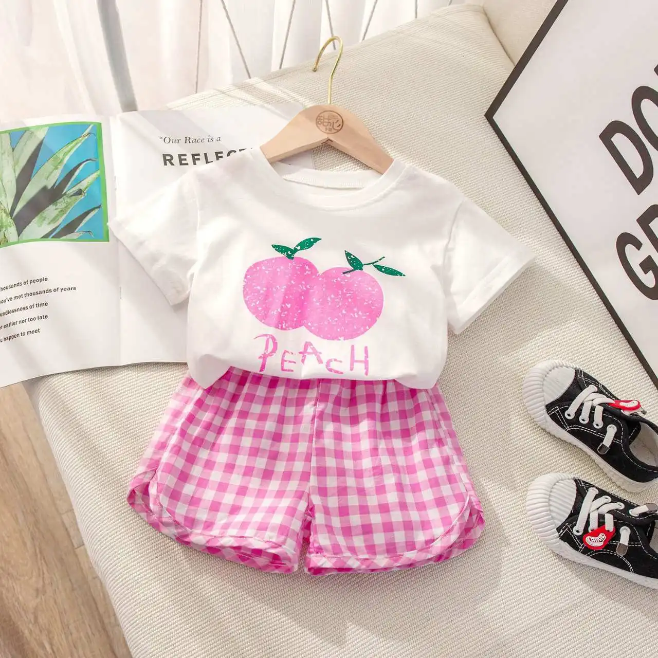 Children's Sets 2-piece Short-sleeved Round Neck Top+plaid Shorts Fruit Lemon Grape Cartoon Design Outer Wear Casual Summer image 4