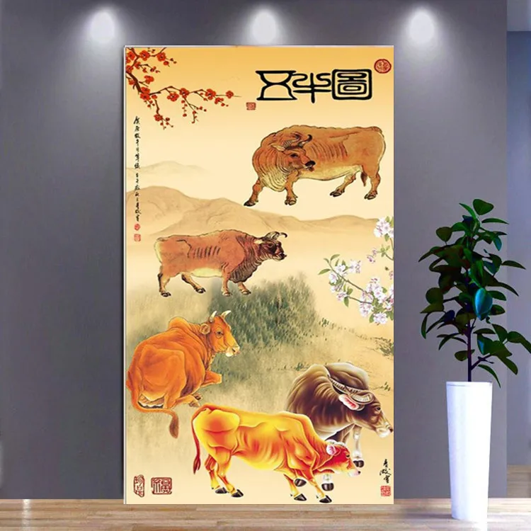 

Большая вертикальная алмазная вышивка: картина «Пять быков», новая модель, для гостиной, прихожей, зодиакальный символ Быка, алмазная мозаика