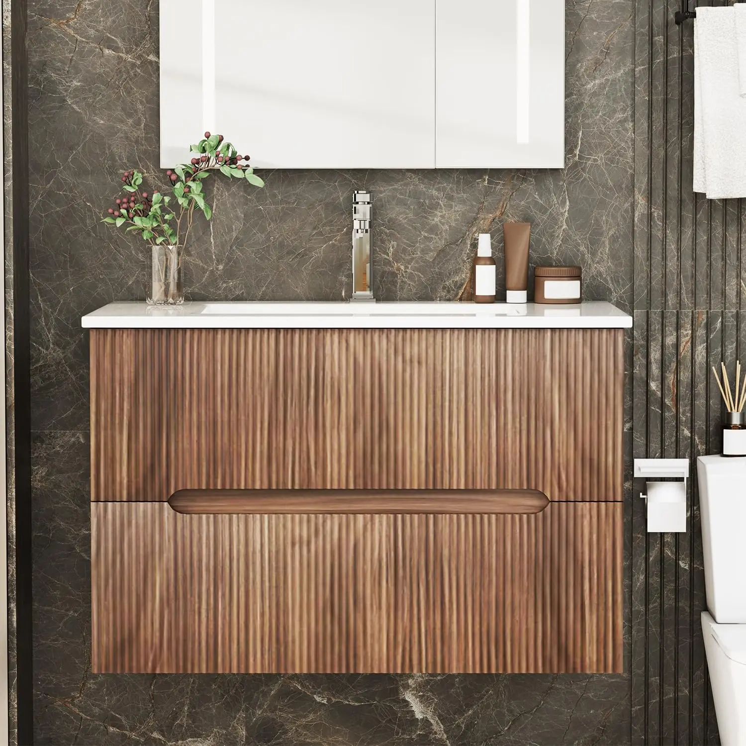 30 Inch Bathroom Vanity with Sink, Floating Bathroom Vanity with Ceramic Basin, Wall Mounted Bathroom Sink Cabinet, Customized
